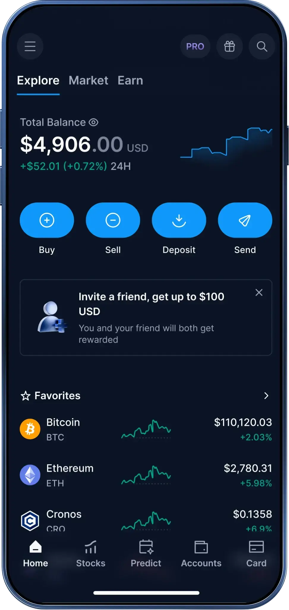 The Crypto.com App with various coin values on the wallet page